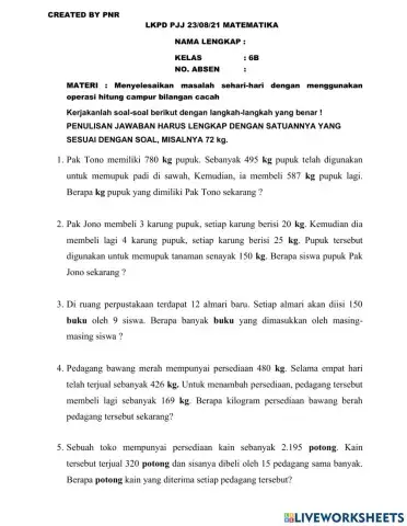 Menyelesaikan masalah sehari-hari dengan menggunakan operasi hitung campur bilangan cacah