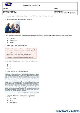 Prueba diagnóstica Español Noveno