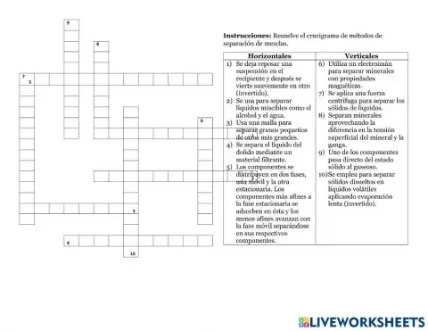 Crucigrama -Métodos de Separación-