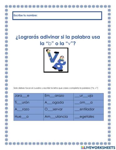 Complete palabras con las letras b y v