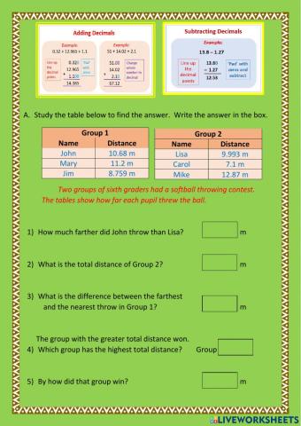 Addition - subtraction of decimals