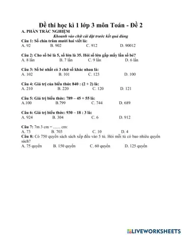 Đề thi HKII Môn Toán lóp 3