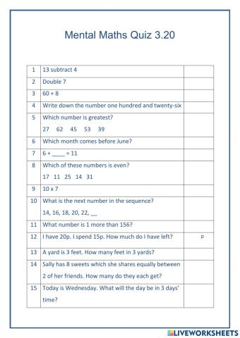 Mental Maths 3.20