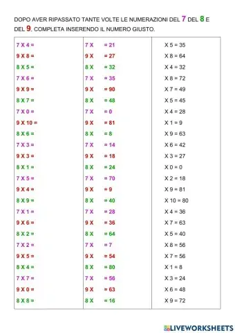 Tabelline 7 - 8 -  9