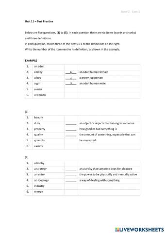 Band 2 (Core 1) - Unit 11 - Test