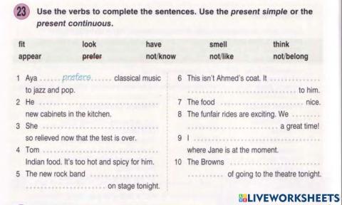 NRU 4 Unit 1 Present simple vs Present continuous bài 23 (stative verb)