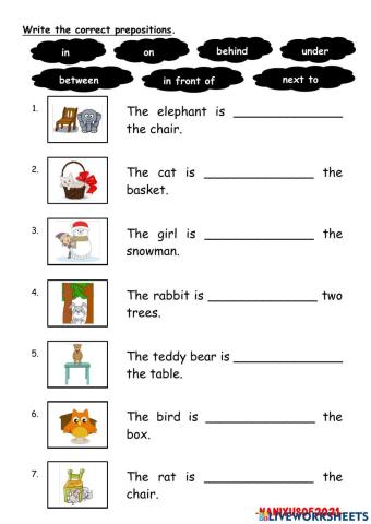 Prepositions of place (IN,ON,UNDER,BEHIND,IN FRONT OF,BETWEEN,NEXT TO)