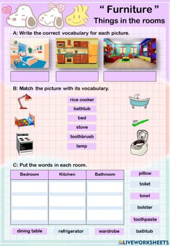 Furniture in the bedroom, bathroom and kitchen