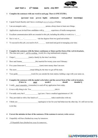 Modals and future perfect and continuos