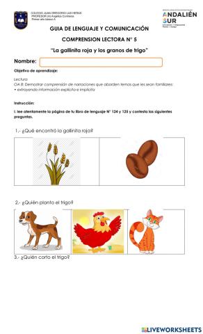 Guia de Comprension lectora la galinita roja y los granos de trigo