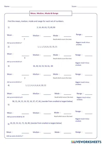 Mean, Median, Mode & Range Worksheet