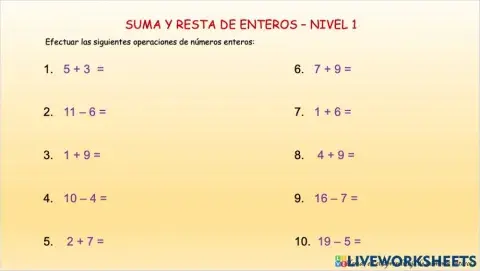 Suma y resta de enteros - Nivel 1