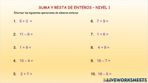 Suma y resta de enteros - Nivel 1