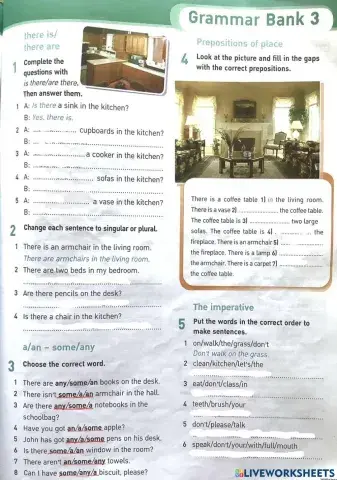 Preposition of place - house - there is -there are - a-an -some-any-imperative