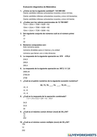 Evaluación Diagnóstica de Matemática