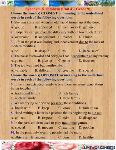 Synonym & antonym (Unit 4 – Grade 9)