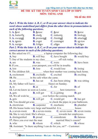 Grammar Test - Grade 9