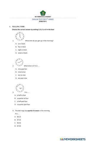 English test 5 -Telling Time & Giving Help and Response-