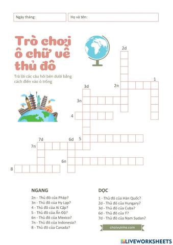 Câu đố ô chữ về thủ đô các nước trên thế giới