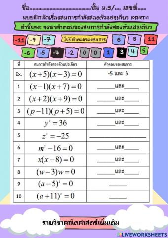 สมการกำลังสองตัวแปรเดียว Part1