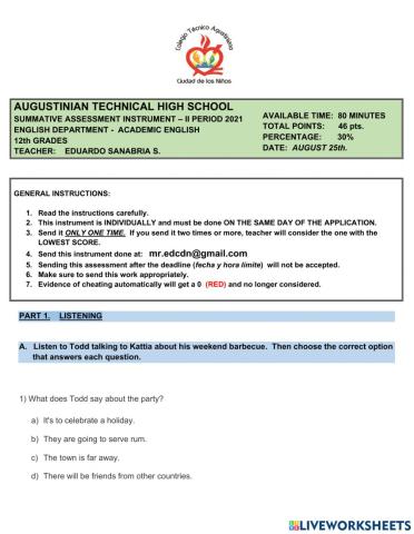 ASSESSMENT INSTRUMENT - 12th GRADES