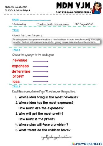 Year 6 SJK Unit 8: Comprehension Task