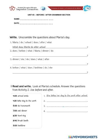 Before After Worksheet