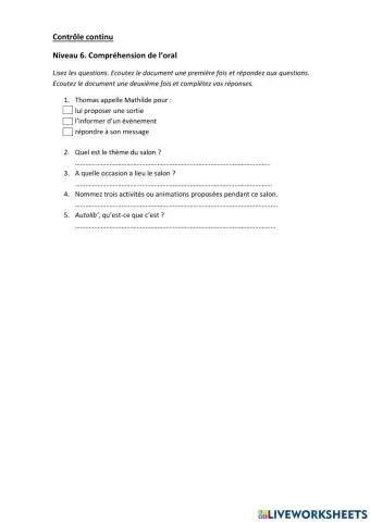 Contrôle Continu (CO) Niveau 6. Alliance Française