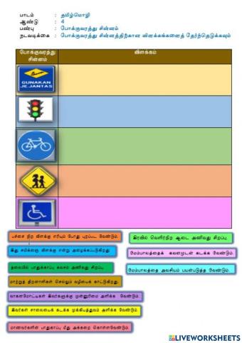 போக்குவரத்து சின்னம்                              (ஆசிரியை திருமகள் குப்புசாமி, கிந்தாவேலி தமிழ்ப்பள்ளி)