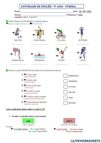 5° ano - INGLÊS - SPORTS- CAN-CANT - 25-08-21