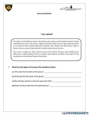 Los jaivas - Reading comprehension