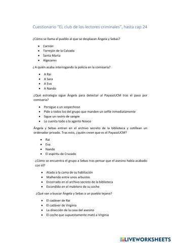 Cuestionario -El club de los lectores criminales- Capítulos 13-24