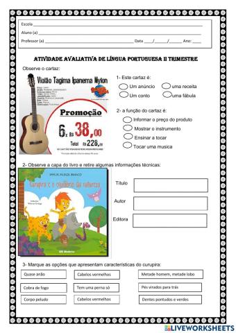 Atividade avaliativa de língua portuguesa 4º ano