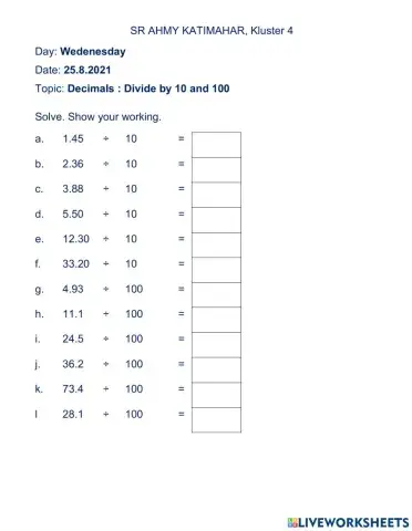 Decimals: divide by 10 and 100
