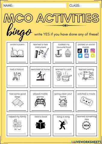 English - MCO Activities Bingo