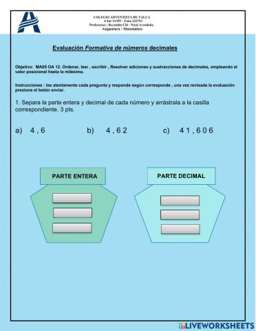 Evaluación formativa decimales