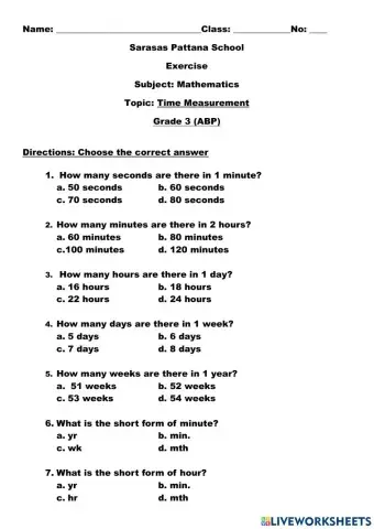 Mathematics live worksheet ( Time measurement)