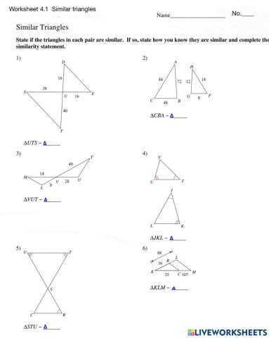 Worksheet 4.1 Similar Triangles
