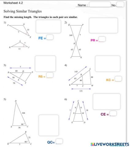 Worksheet 4.2 Solving Similar Triangles