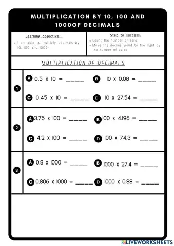 Multiplying decimals by 10, 100 and 1000