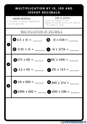 Multiplying decimals by 10, 100 and 1000