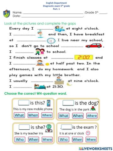 Diagnostic Exam part 1 5th grade.