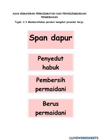 Tajuk: 2.3 Membersihakan perabot mengikut prosedur kerja.