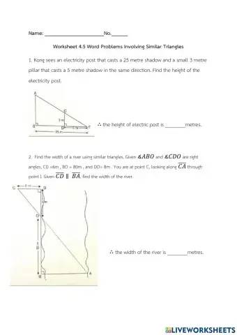 Worksheet 4.5 Word Problems involving similar triangles