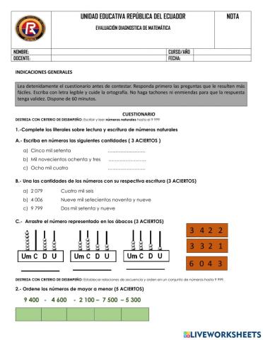 Evaluación diagnóstica matemática