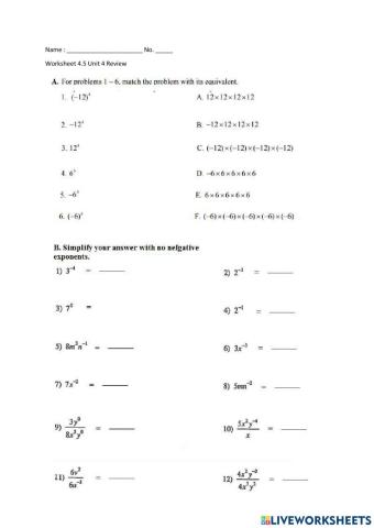 Worksheet 4.5 Exponents Review