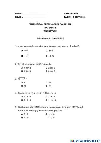Ujian penilaian pertengahan tahun matematik ting 1 2021