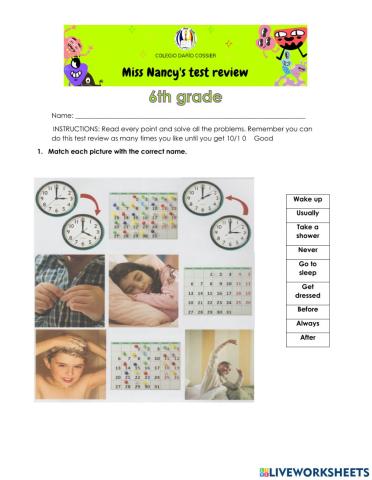 INGLÉS- Test review 6th grade. Agosto
