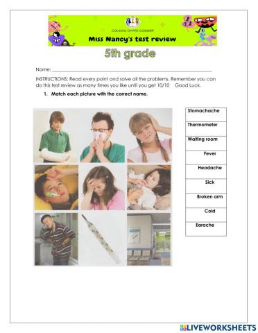 INGLÉS- Test review 5th grade. Agosto