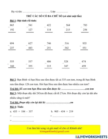 Trừ các số có 3 chữ số